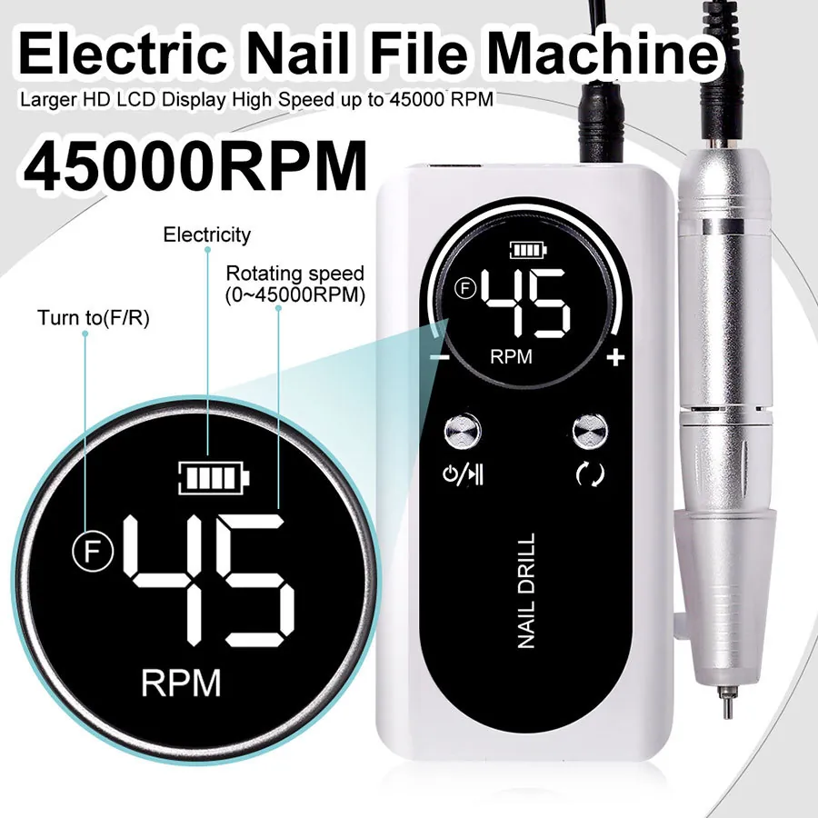 Electric Nail Drill Machine Professional Portable Rechargeable LCD Display Low Noise Heat Manicure Pedicure Polishing Tool
