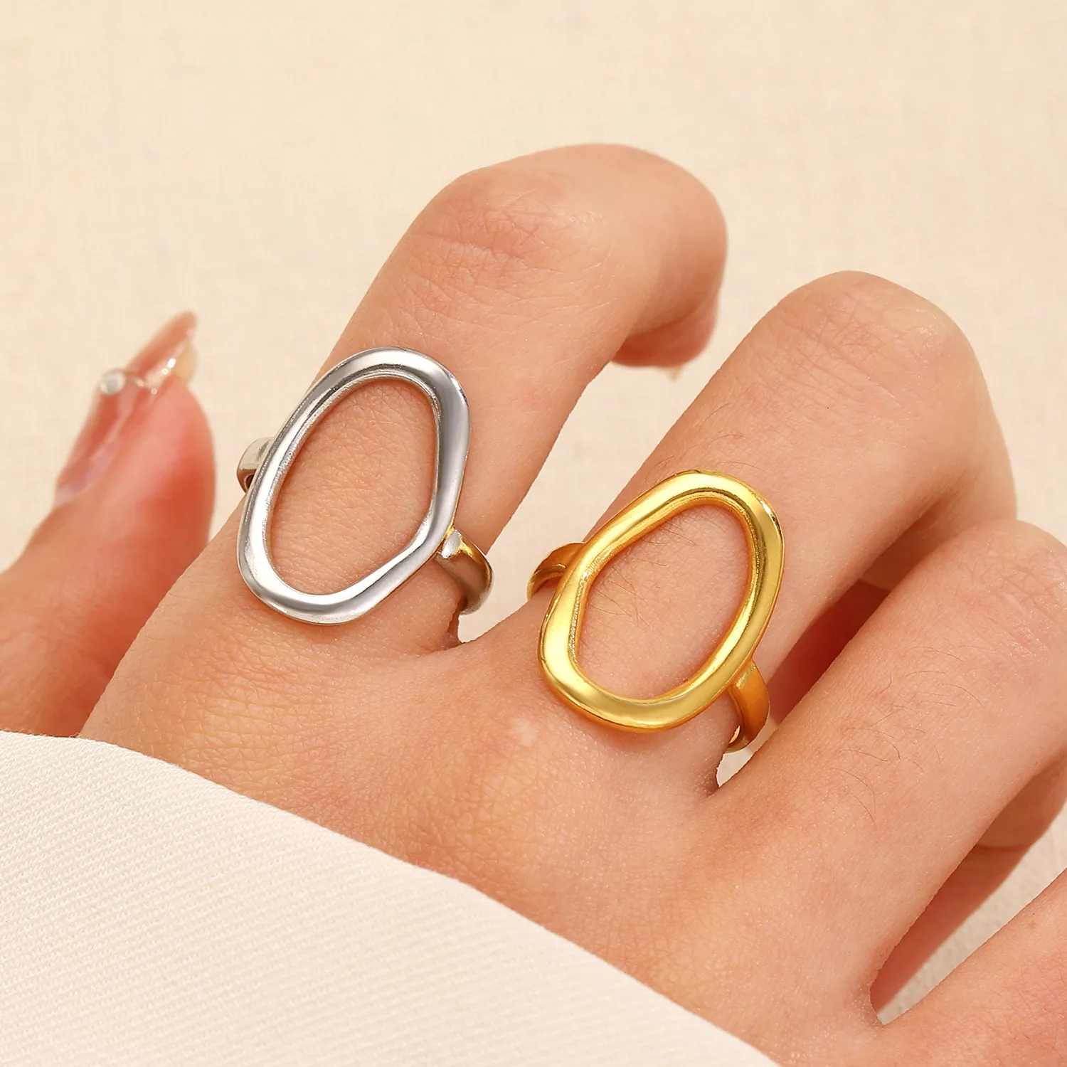 Minimalist Hollow Oval Open Ring Zinc Alloy Geometric Adjustable Finger Jewelry For Women