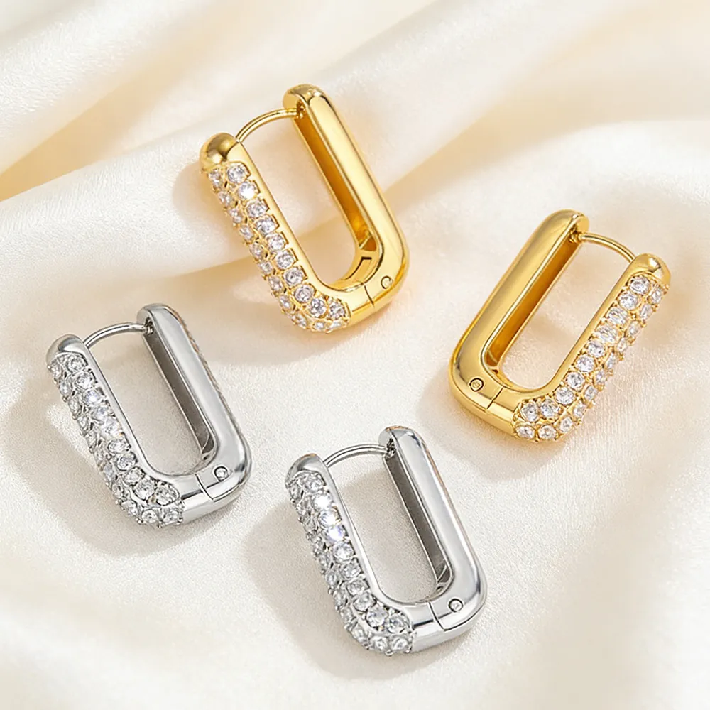 U-Shaped Hoop Earrings 316L Stainless Steel Rectangular Zircon Inlaid Gold Plated Minimalist Luxury Jewelry For Women