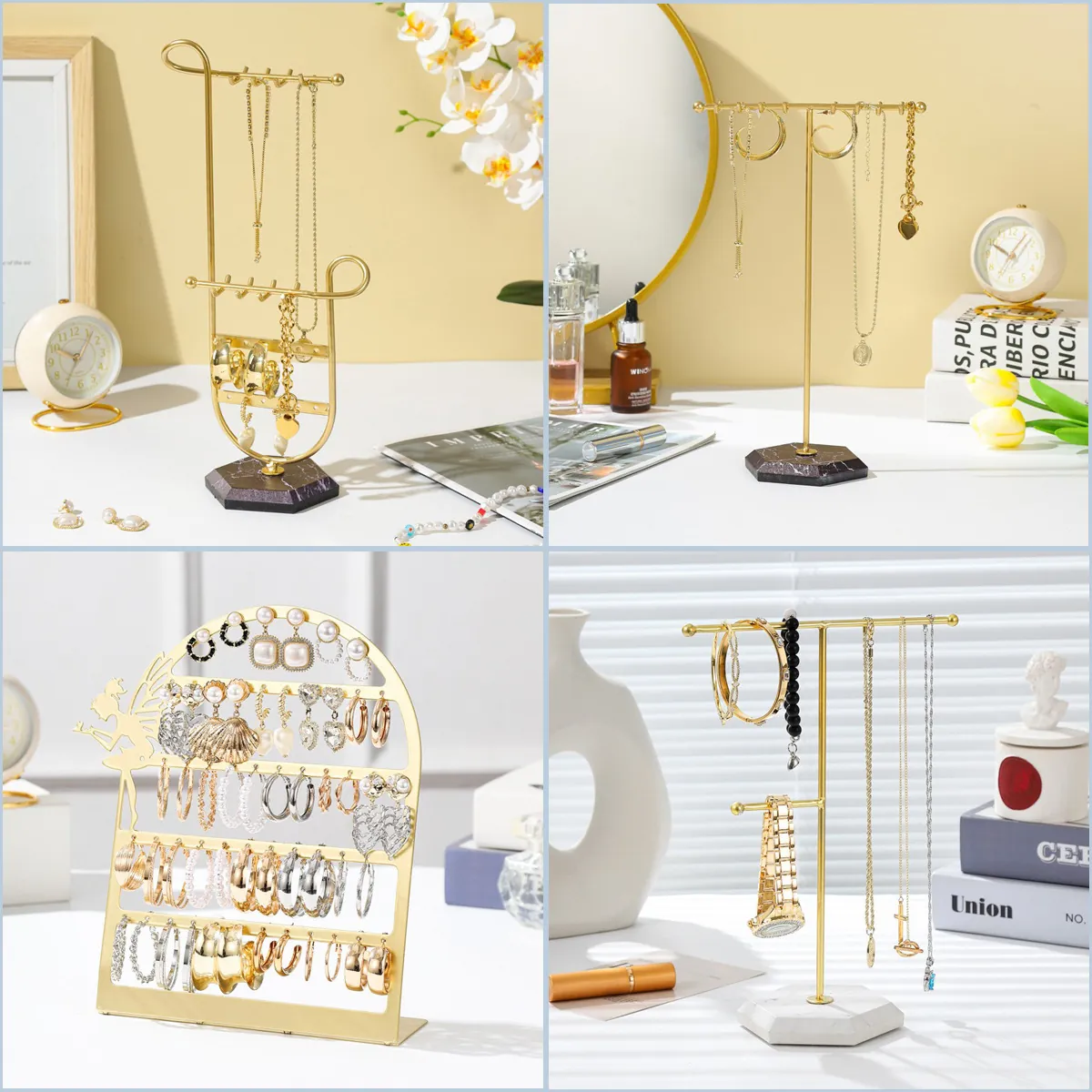 Gold Metal Jewelry Display Stand Organizer Rack With Marble Base For Earring Necklace Bracelet Minimalist Nordic Style