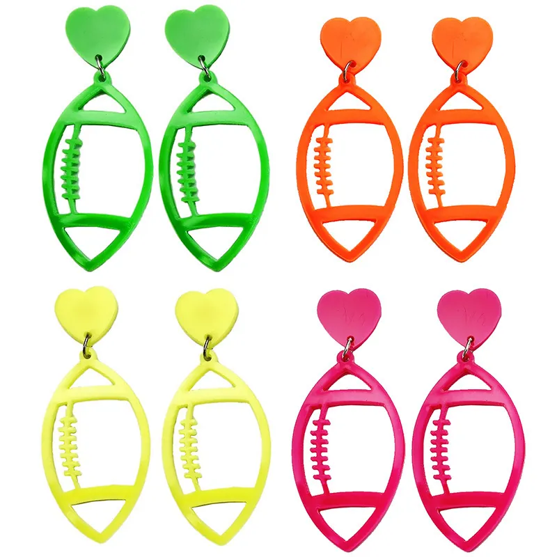Rugby Football Heart Drop Earrings Acrylic Hollow Sporty Jewelry For Women Novelty