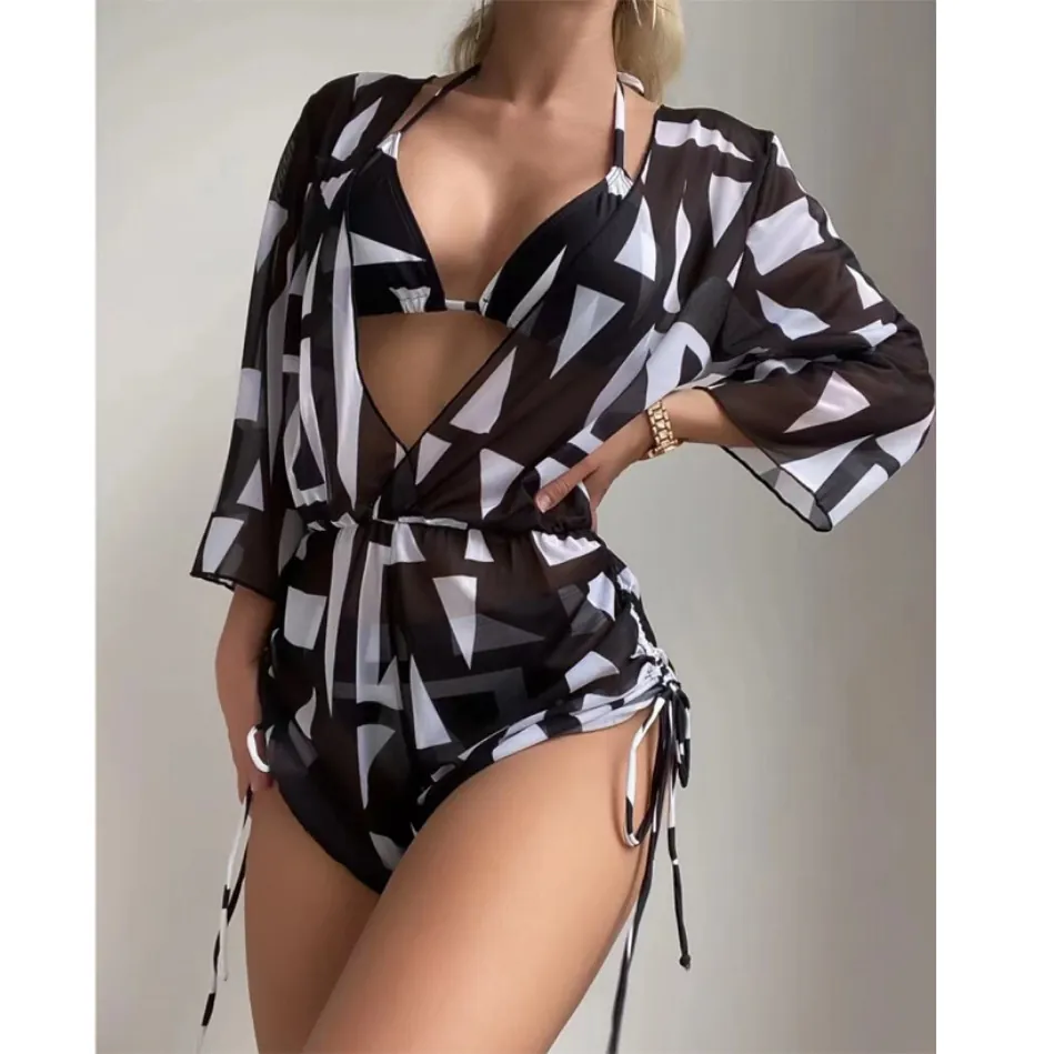 Women Halter Bikini Top And Bottom With Mesh Cover Up Beach Swimwear Tropical Floral Geometric Print Modern