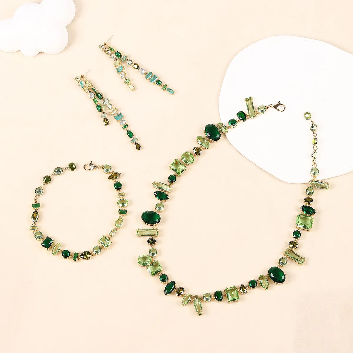 Irregular Geometric Copper Jewelry With Green Zirconia Inlay 925 Sterling Silver Post Necklace Bracelet Earrings For Women