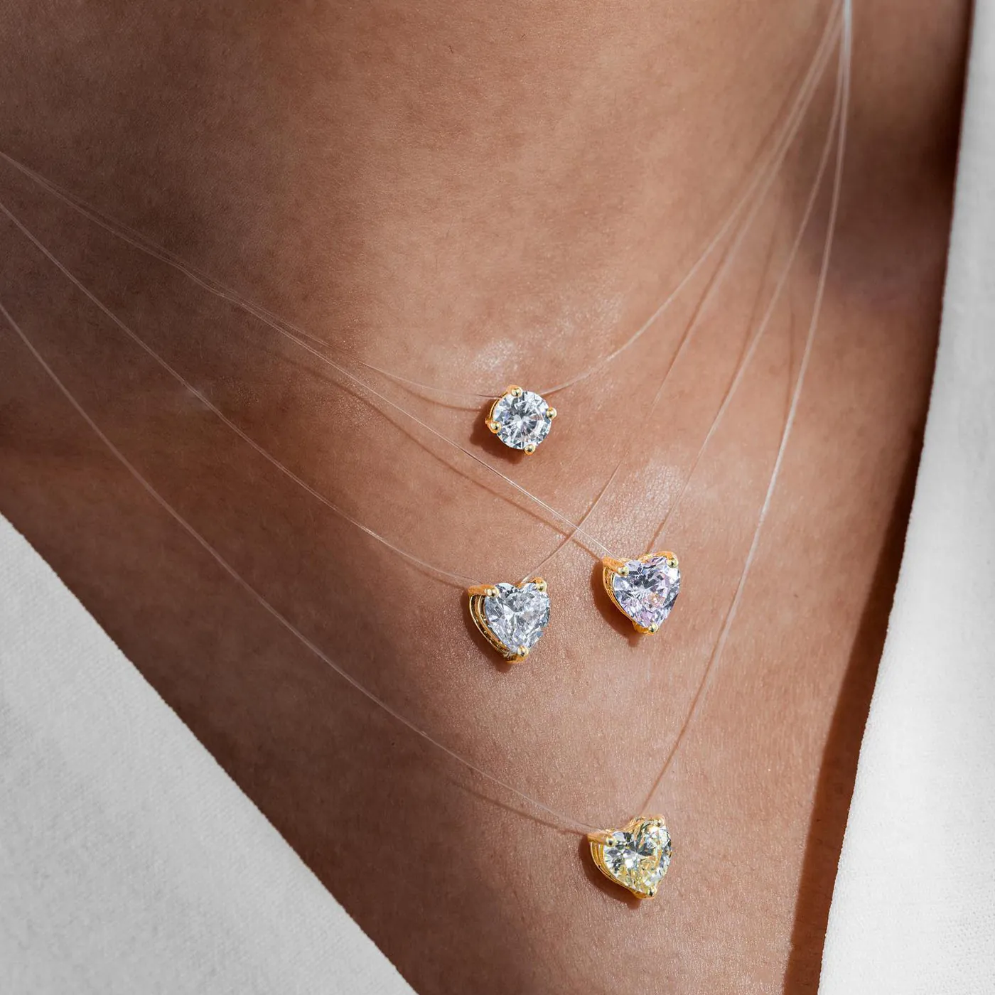 Invisible Fishing Line Necklace With Alloy Heart Zircon Pendant Transparent Clavicle Chain For Women