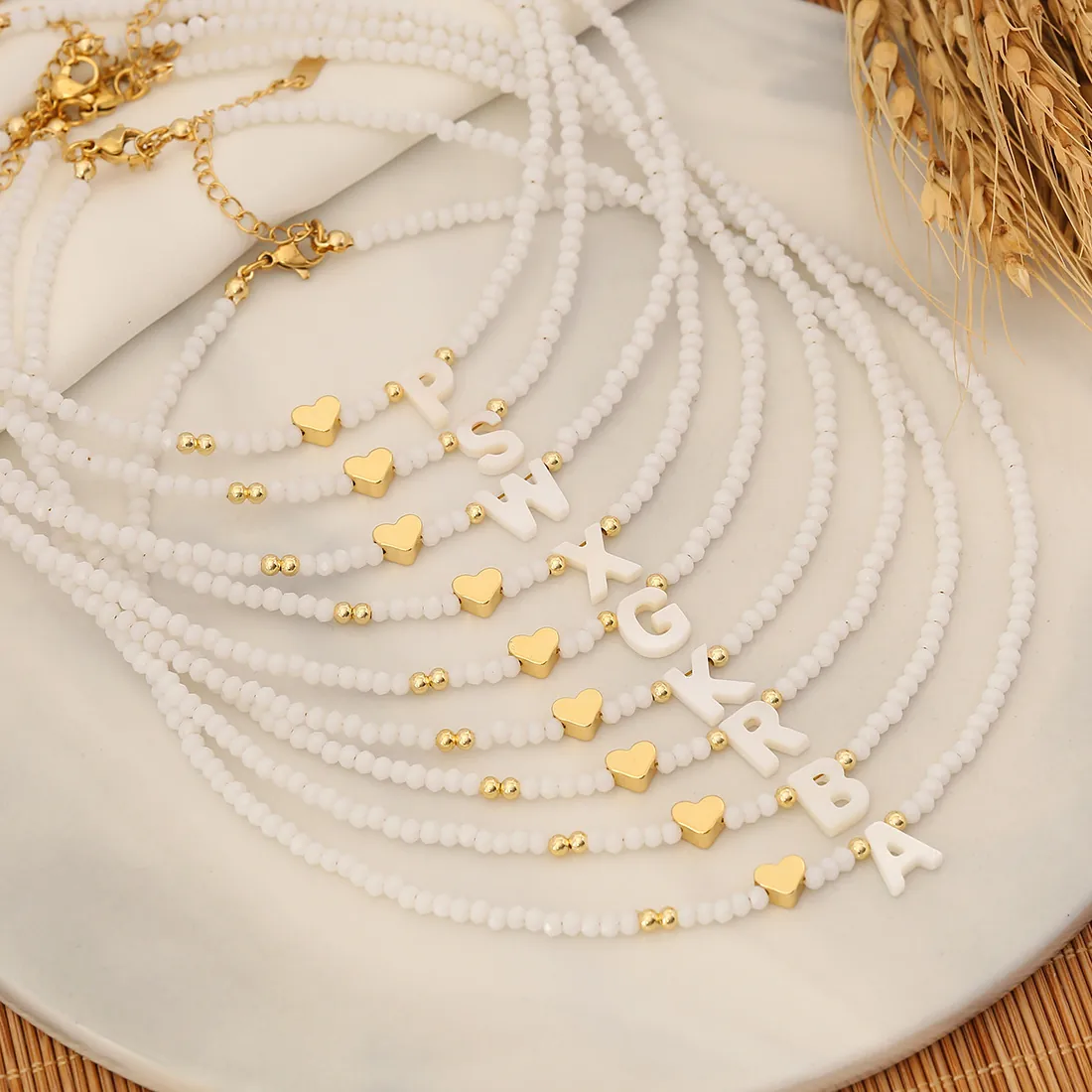 Shell Initial Letter Pendant Necklace White Crystal Beaded Choker With Gold Heart Dainty Accessory For Women