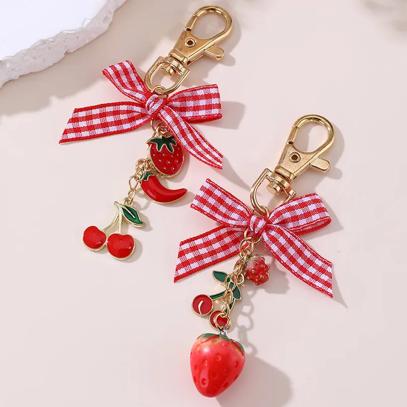 Cute Fruit Keychain For Girls Red Strawberry Cherry Apple Orange Resin Charm Metal Keyring With Plaid Bow Fashion Accessories