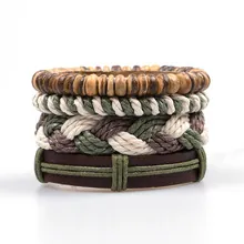 Braided Rope Bracelet With Wood Beads And Leather Adjustable Handmade Bohemian Retro Jewelry For Men Women