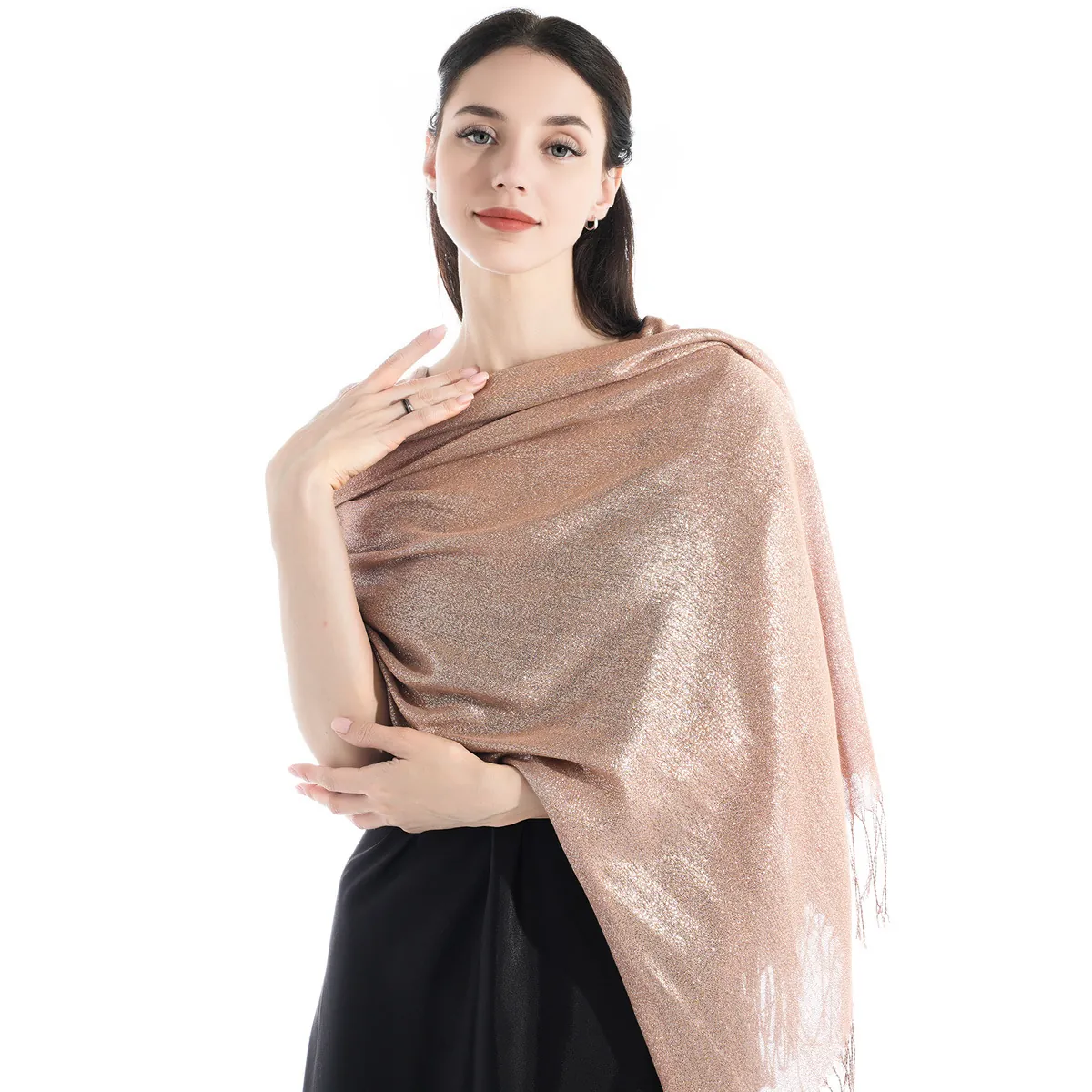 Women Elegant Glitter Metallic Scarf Shimmer Tassel Shawl For Evening Party Wedding Ball Soft Polyester Decorative Wrap