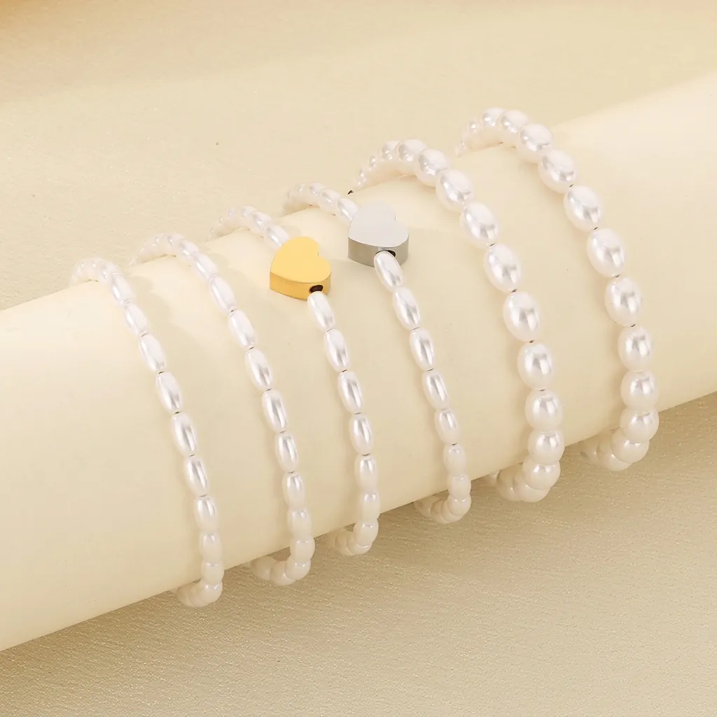 Bracelet En Künstliche Perles D'acier Inoxydable Avec Künstliche Perle De Verre Ovale Et Pendentif En Cœur Bijoux Élégants Pour Femmes