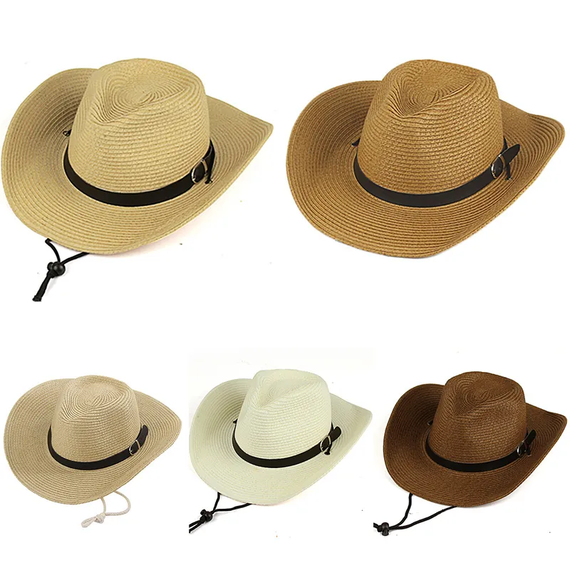 Western Cowboy Straw Hat Wide Brim Sun Protection Breathable Paper Straw Beach Hat With Adjustable Wind Rope Unisex