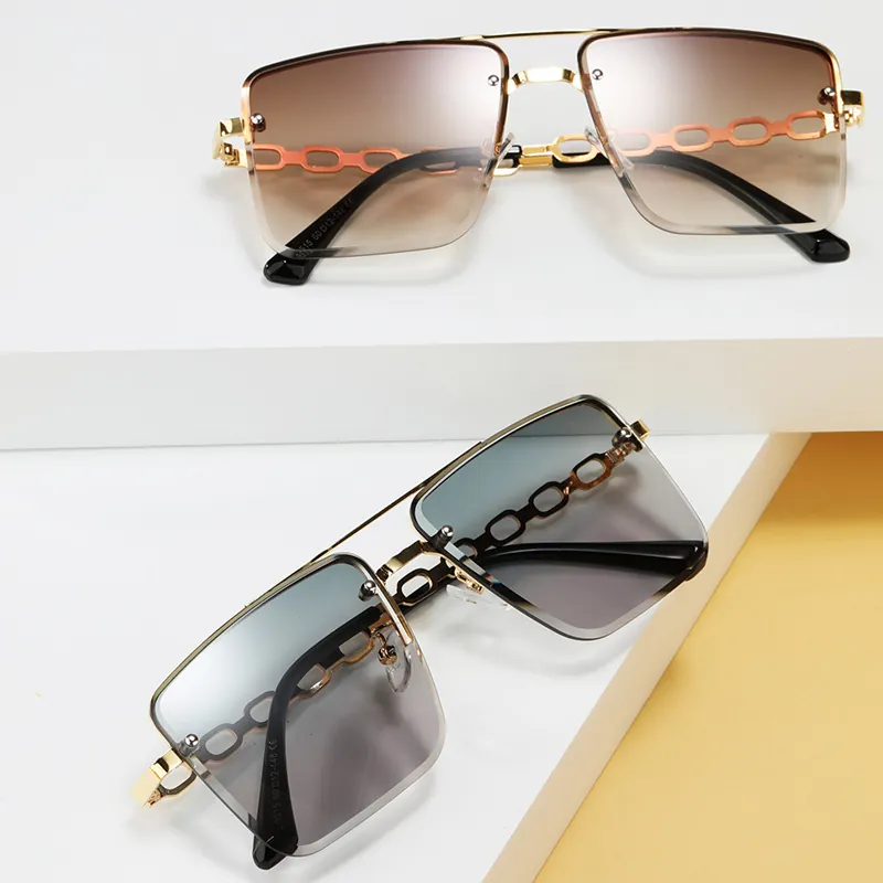 Women Rimless Square Sunglasses Metal Chain Temple Gradient Lens UV400 Retro Vintage Fashion Eyewear