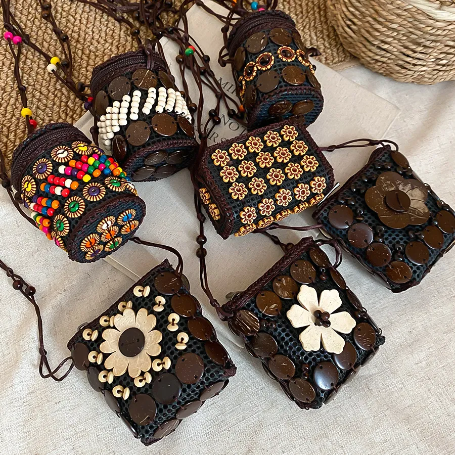 Handmade Mini Crossbody Bag Coconut Shell Wood Beads Ethnic Bohemian Style Flower Decor Small Shoulder Pouch For Women