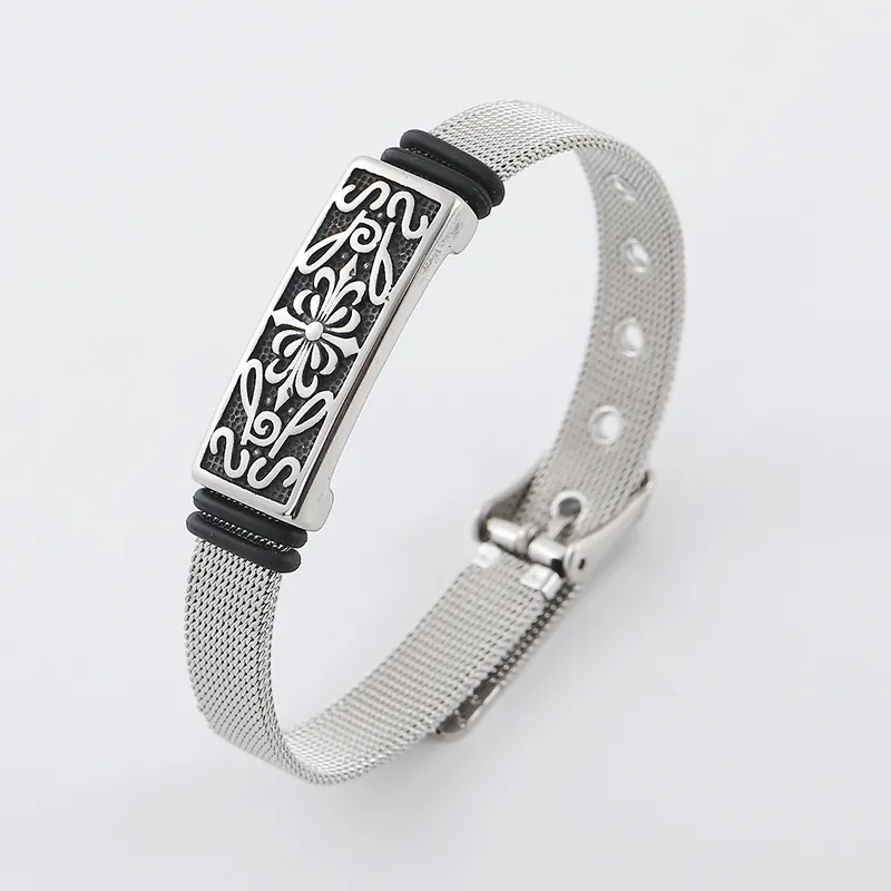 Retro Stainless Steel Mesh Woven Bracelet With Adjustable Watchband Buckle And Floral Engraved Plate For Men Women