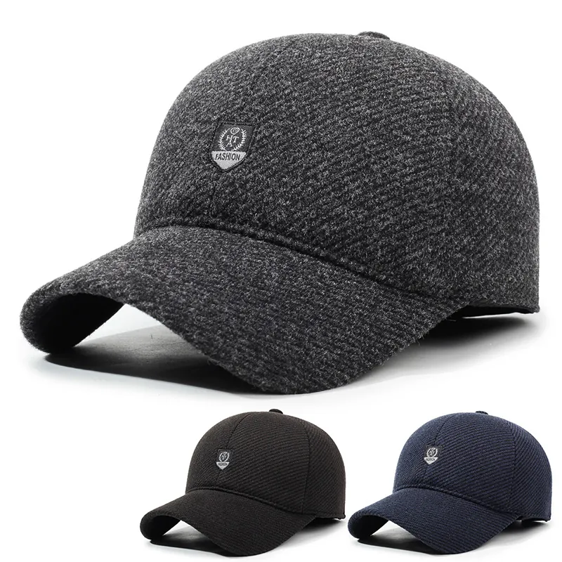 Casquette De Baseball Hiver Pour Hommes Laine Coupe-vent Chaud Avec Cache-oreilles Rétro Réglable Sport
