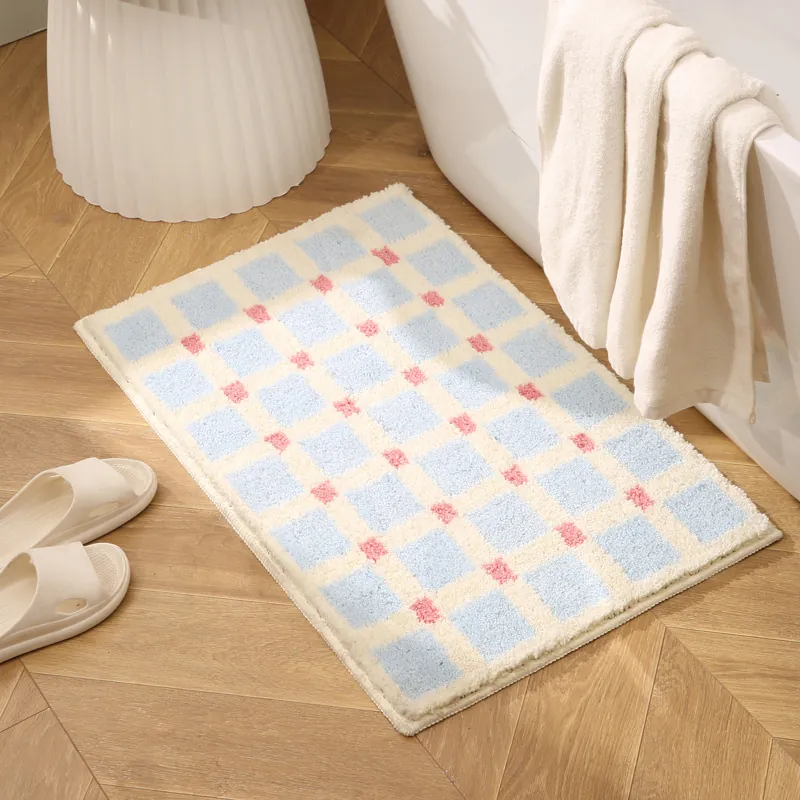 Absorbent Flocked Bath Mat Non-Slip Quick Dry Checkerboard Rug For Bathroom Bedroom Soft Plush Doormat
