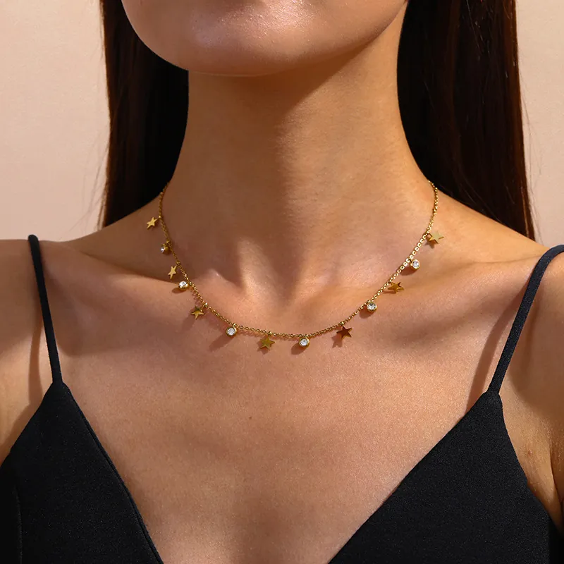 Stainless Steel Gold Plated Butterfly Star Pendant Necklace With Cubic Zirconia Minimalist Fashion Jewelry For Women