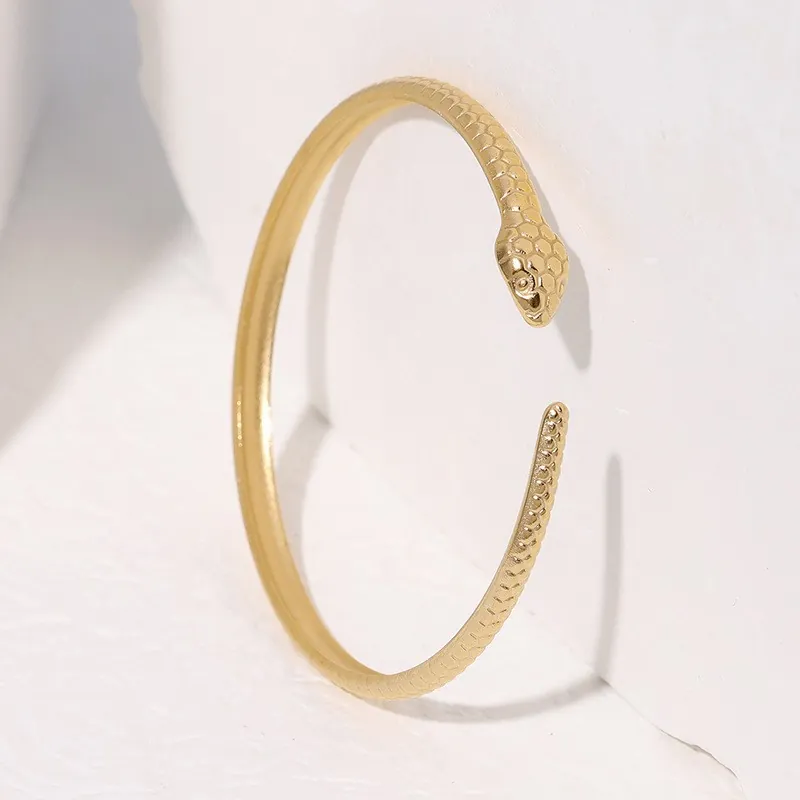 Stainless Steel Snake Bangle Bracelet Adjustable Open Cuff For Women With Scale Texture Minimalist Fashion Jewelry