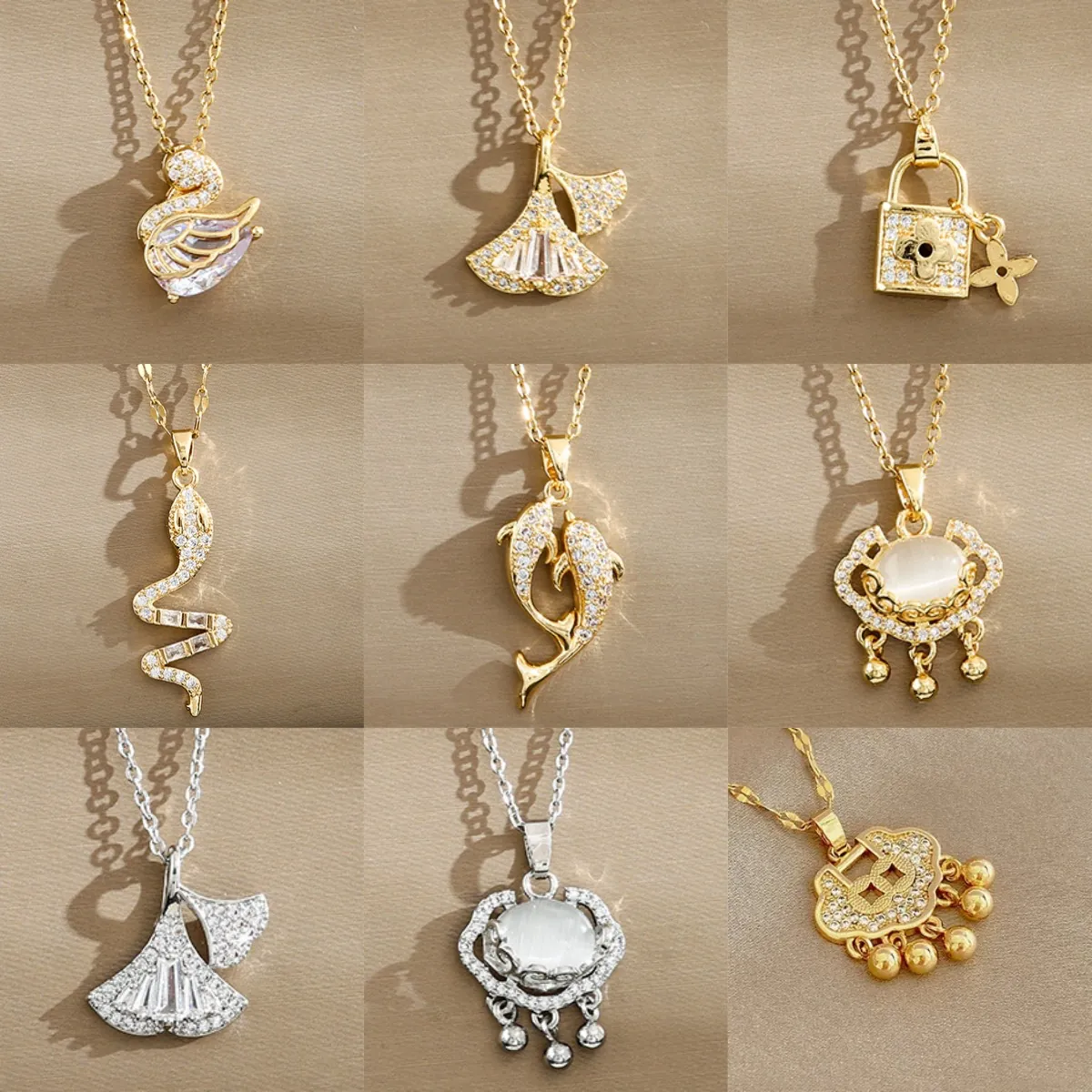 Lussuosa Collana Con Ciondolo in Acciaio al Titanio Rame e Strass Donna Elegante Cigno Foglia di Ginkgo Serpente Delfino Lucchetto Gioielli