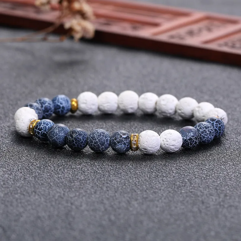 Retro Beaded Bracelet With White Lava Stone And Blue Crackle Beads Featuring Golden Alloy Rhinestone Spacers For Men Women