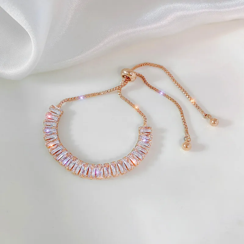 Baguette Cubic Zirconia Bracelet Copper Adjustable Drawstring Minimalist Jewelry For Women Elegant Sparkling Accessory