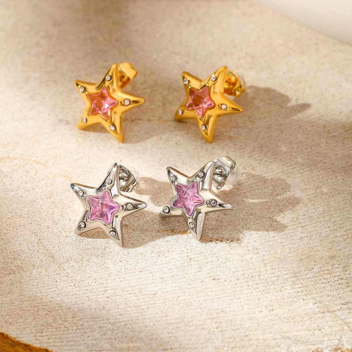 Boucles D'oreilles Étoile Acier Inoxydable Plaqué Or 18K Zircon Rose Strass Style Ins Design Femme Bijoux