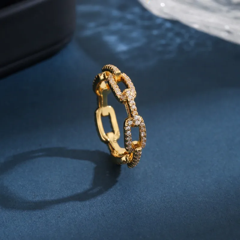 Elegant Hollow Chain Link Ring For Women Copper Gold Plated With Pave Zircon Minimalist Niche Fashion Finger Jewelry