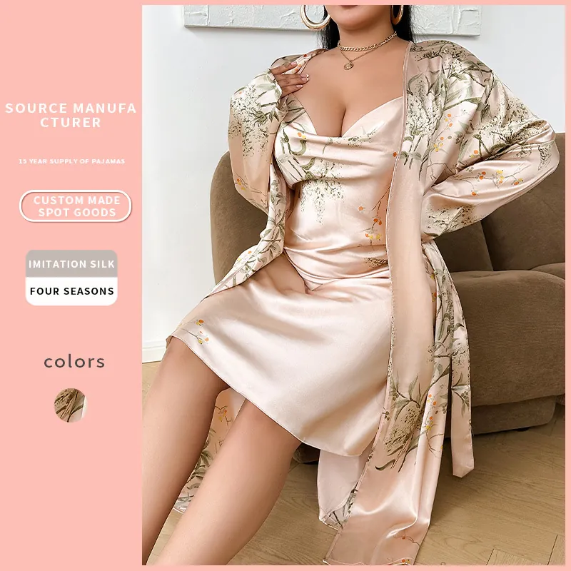 Peignoir Et Chemise De Nuit Élégants À Imprimé Fleuri Pour Femmes En Satin Imitation Satin Vêtements De Nuit Respirants Décontractés