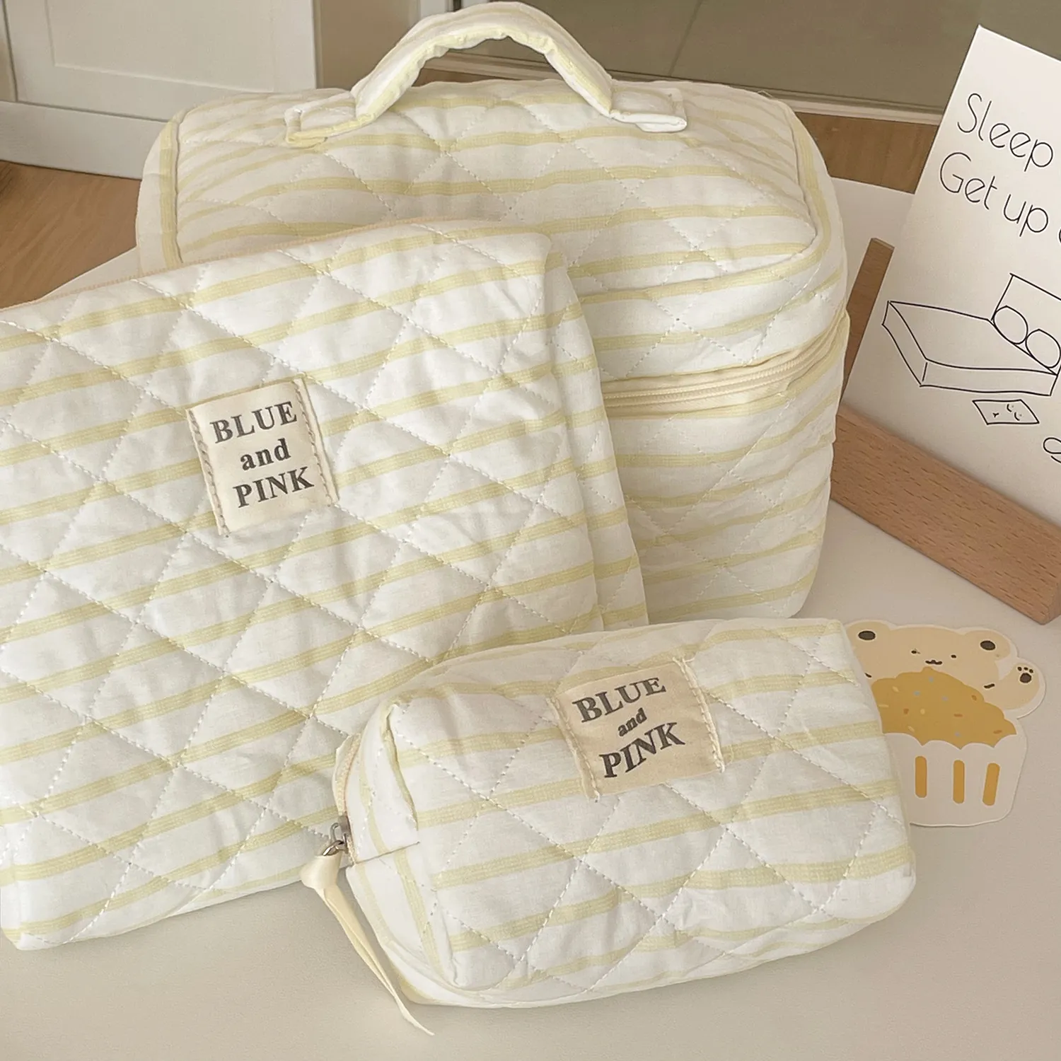 Borsa Per Cosmetici Trapuntata A Righe In Cotone Morbida Beauty Case Portatile Con Chiusura A Zip Stile Semplice
