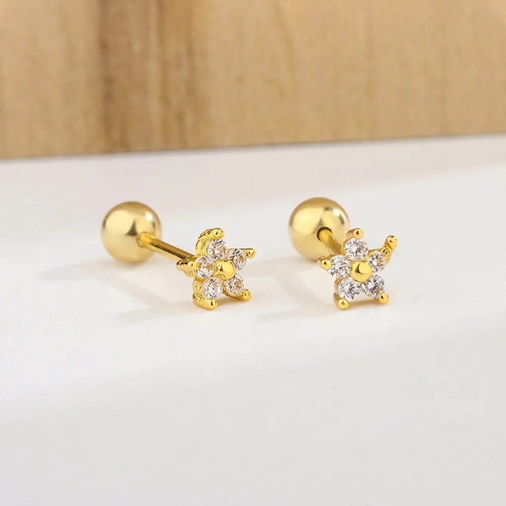 Boucles D'Oreilles Puces Fleur En Cuivre Zircone Fermoir À Vis Bijoux Minimalistes Pour Femmes