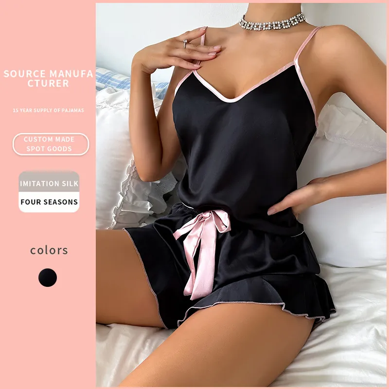 Haut Et Short De Pyjama Pour Femmes Imitation Satin Satin Col En V Bretelles Spaghetti Nœud Ourlet À Volants