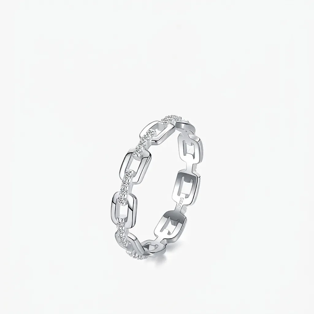 Anello in Argento Sterling 925 da Donna Minimalista Geometrico Cavo Catena Con Strass Intarsiato Anello alla Moda Gioielli Regalo