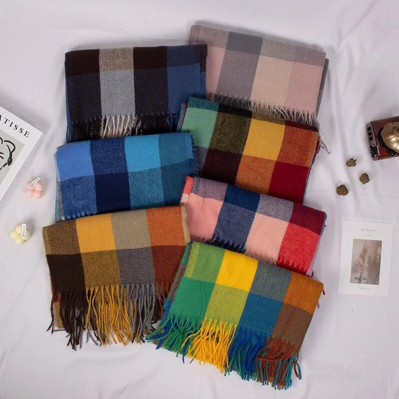 British Style Plaid Scarf Tassel Shawl Polyester Imitation Cashmere Warm Thick Winter Soft Checkered Neck Wrap Unisex Vintage