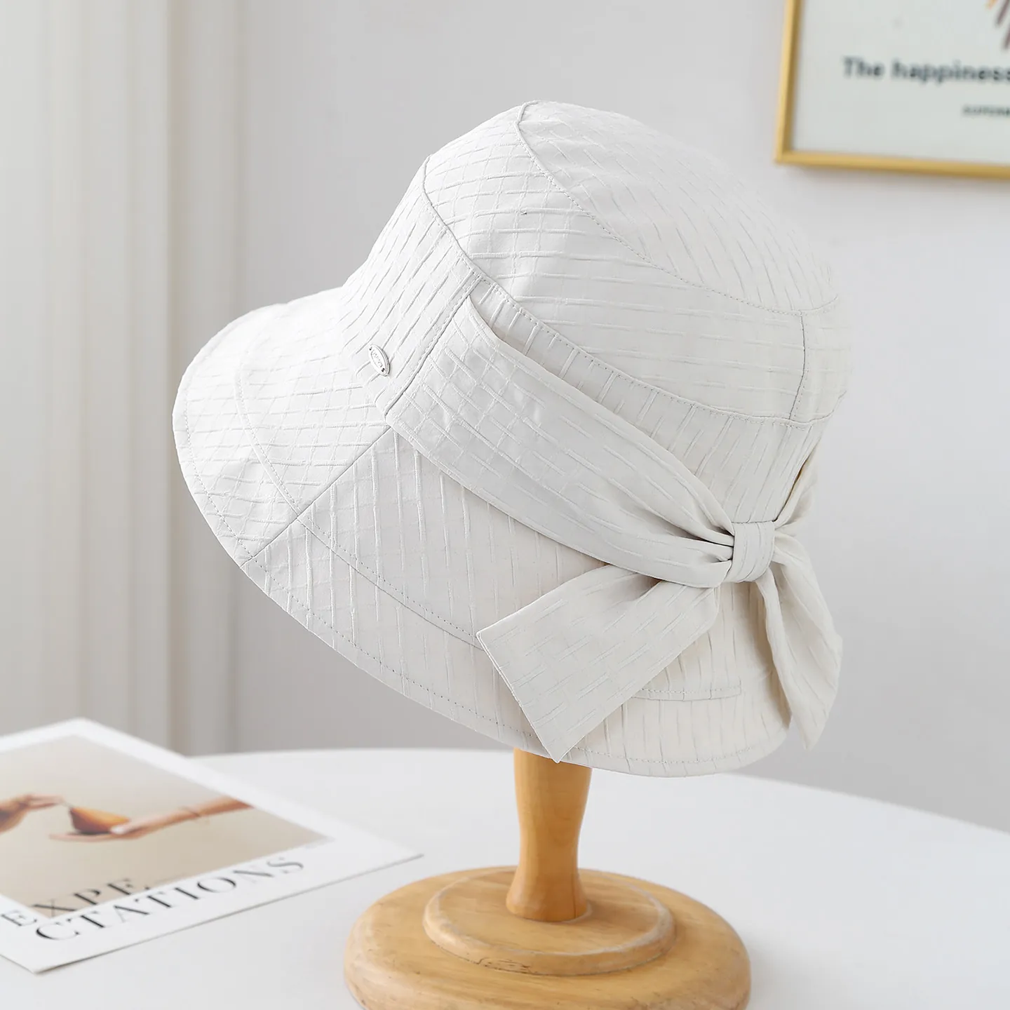Cappello Alla Pescatora Donna Decorazione Fiocco Trama A Nido D'ape Protezione Solare Pieghevole Elegante Stile Giapponese Estate Spiaggia