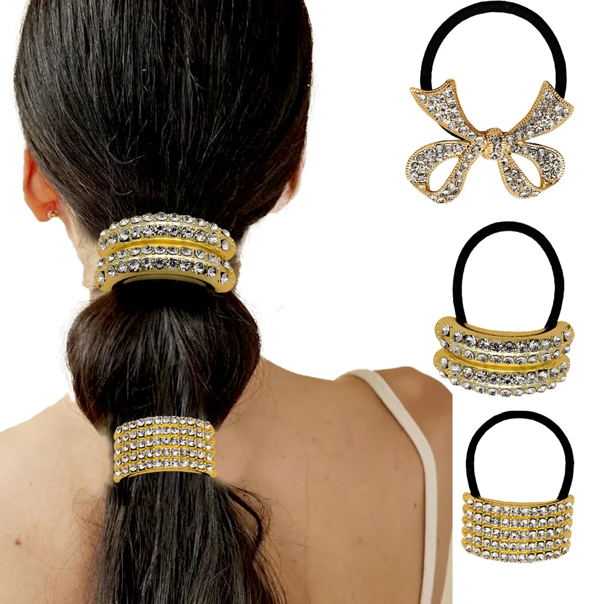 Rhinestone Alloy Metal Ponytail Holder Elastic Hair Ties Geometric Sparkly Fashion Accessories For Women