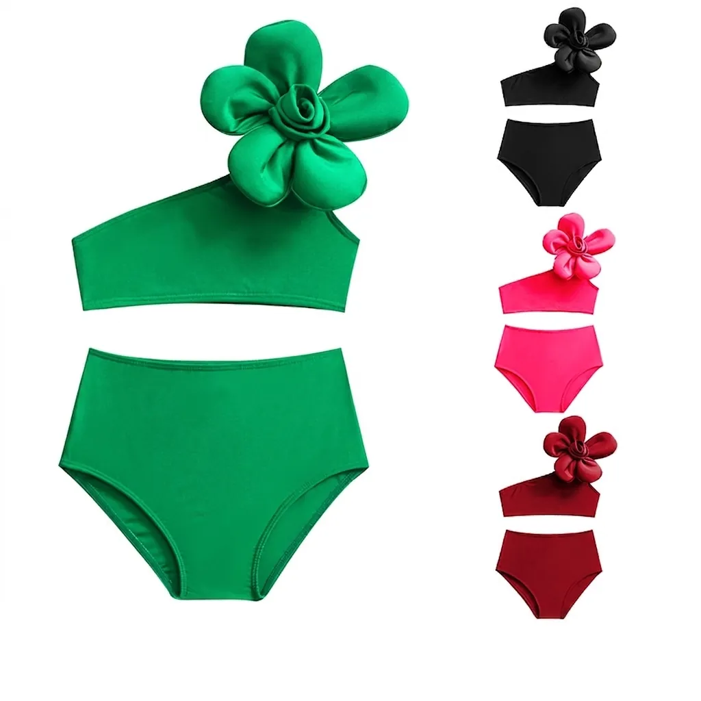Maillot De Bain Fille Nylon Haut Une Épaule Et Bas Taille Haute Avec Décoration Florale Vêtements De Plage Pour Enfants