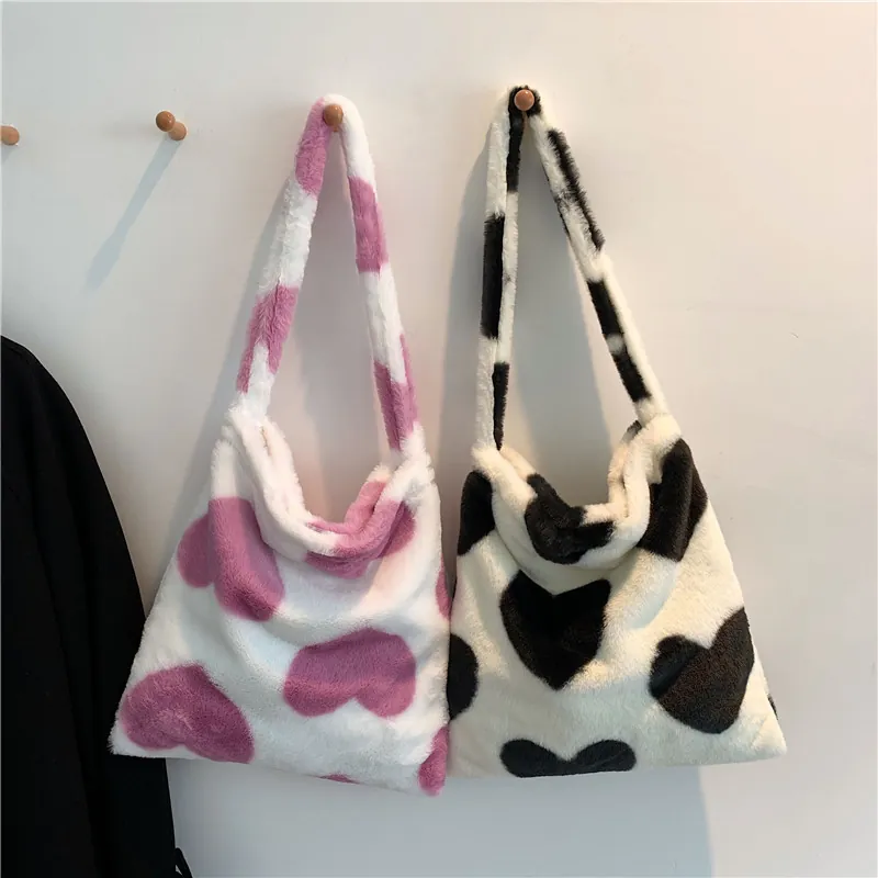 Plush Tote Bag Faux Fur Heart Flower Checkerboard Pattern Large Capacity Shoulder Handbag Soft Warm Casual Bag For Women