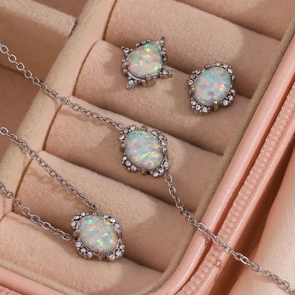 Edelstahl Vintage Halskette Ohrringe Armband Künstlicher Australischer Opal Oval Blütenblatt Strass Eleganter Schmuck Damen