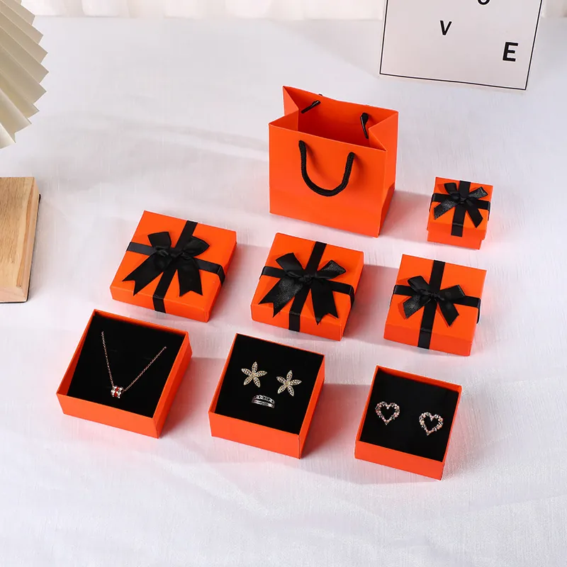 Elegant Orange Jewelry Gift Box And Packaging Bag With Black Ribbon Bow Cardboard Paper For Rings Earrings Necklaces