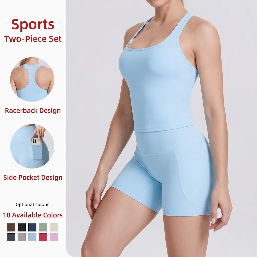 Women Racerback Yoga Set Quick Dry Sports Top And Side Pocket Shorts Gym Workout Outfit Nylon Athletic Suit Top And Bottom