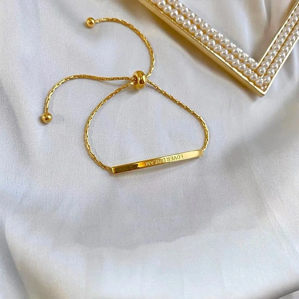 Minimalist Stainless Steel Adjustable Bar Bracelet For Women Korean Ins Style Letter Engraved Gold Silver Jewelry