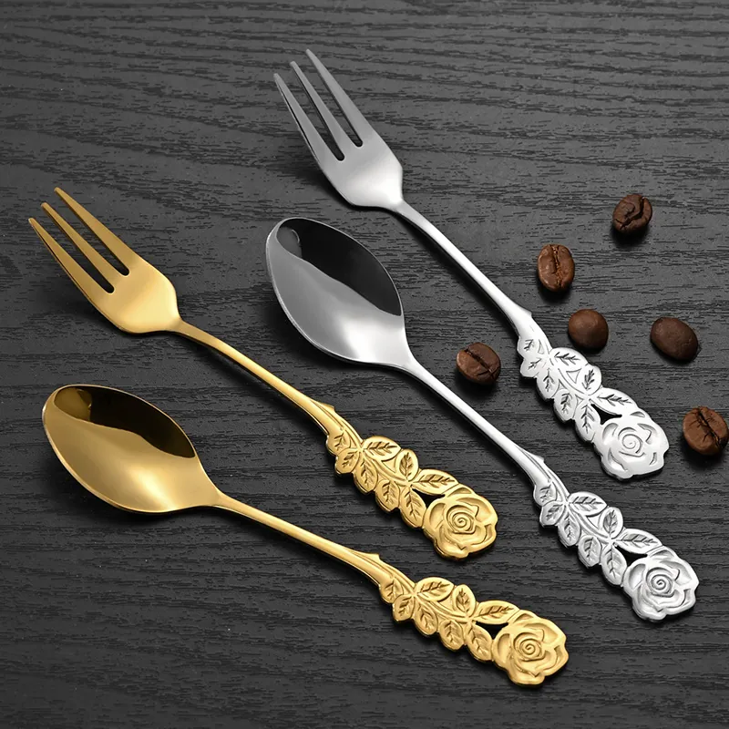 Rose Flower Handle Dessert Spoon Fork Stainless Steel Mirror Polished Coffee Cake Spoon Creative Vintage Wedding Gift