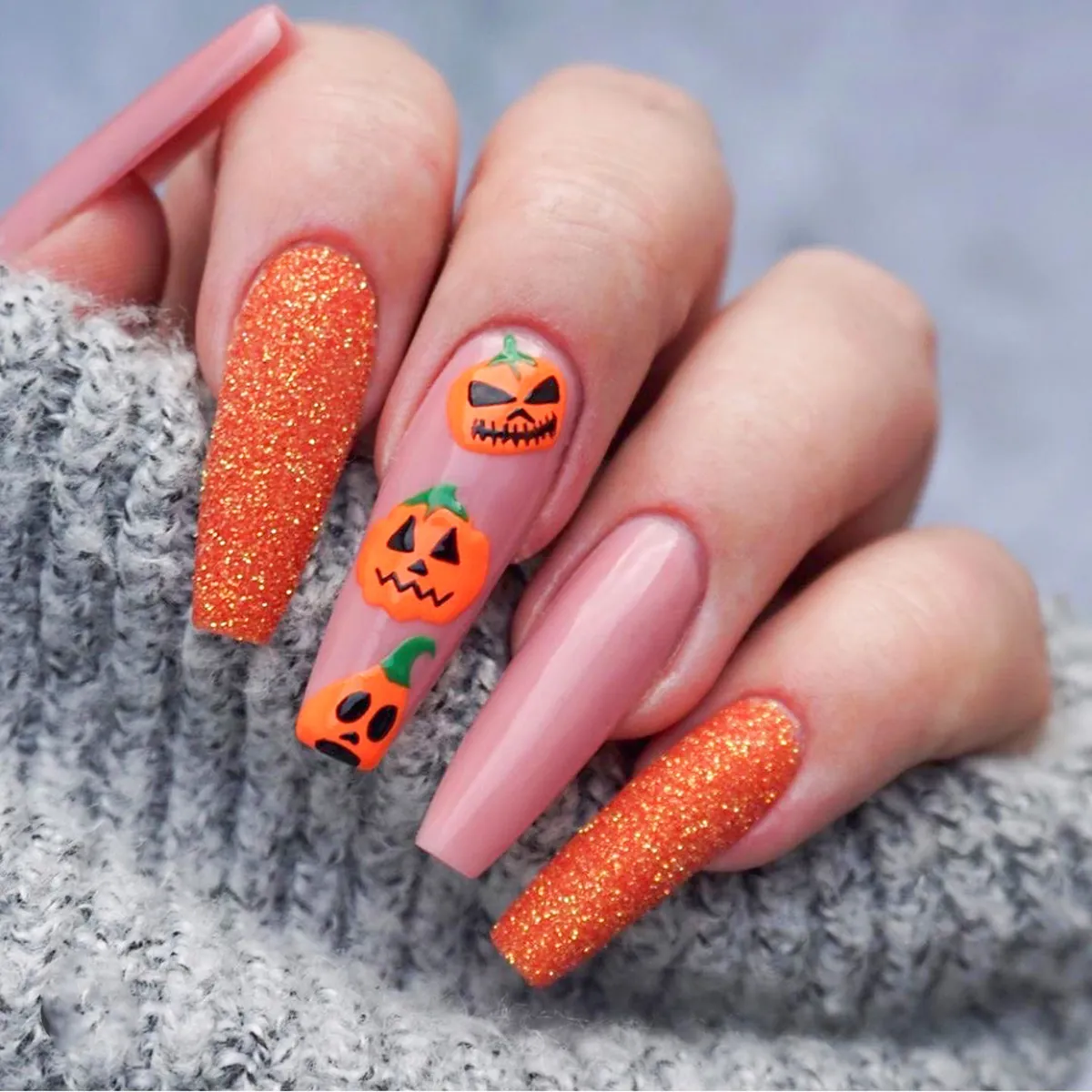Halloween Press On Nails Long Coffin Orange Glitter Jack-O-Lantern Pumpkin Pattern False Nails For Women