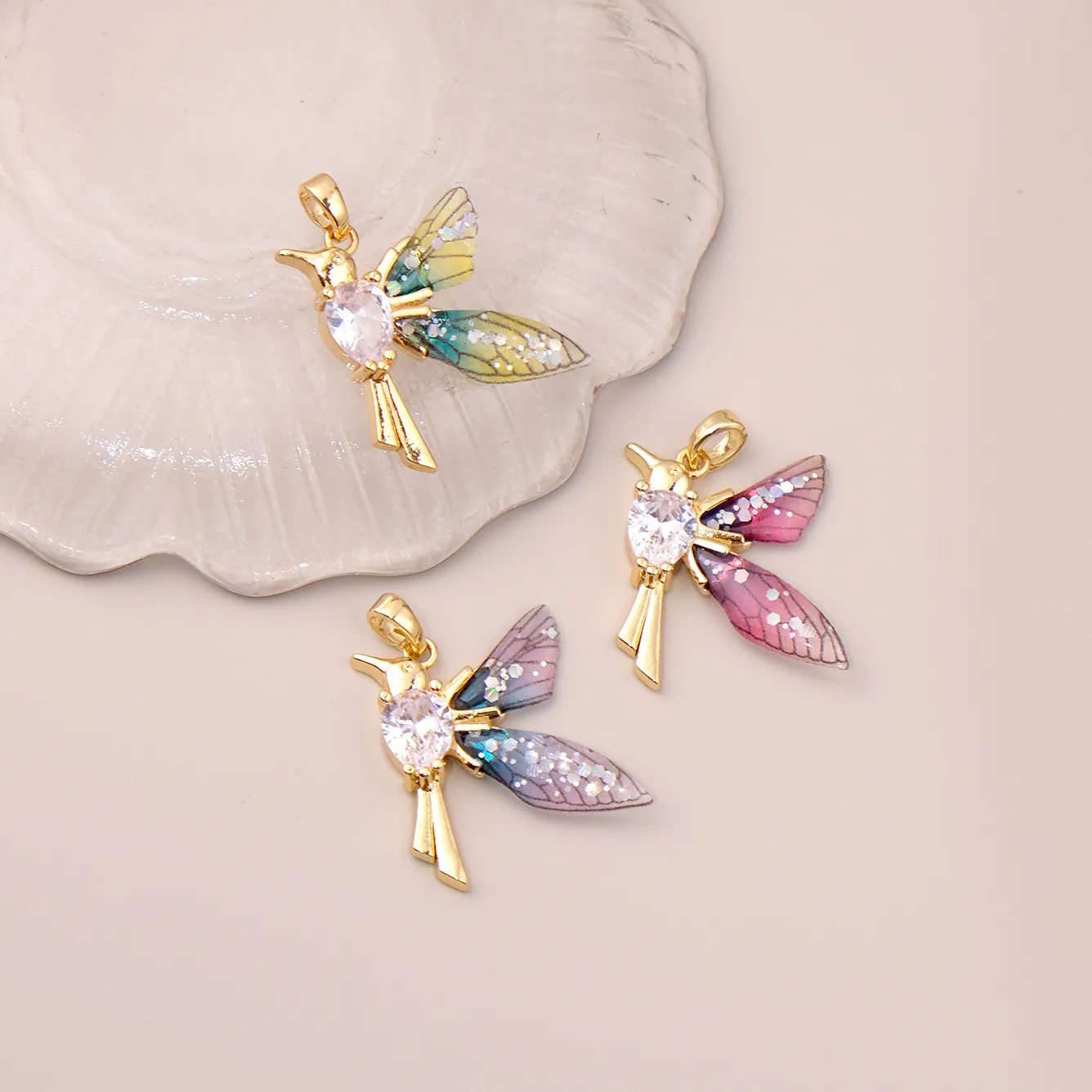 Hummingbird Pendant 18K Gold Plated Copper Heart Zircon Gradient Colorful Bird Charm For Jewelry Making Women