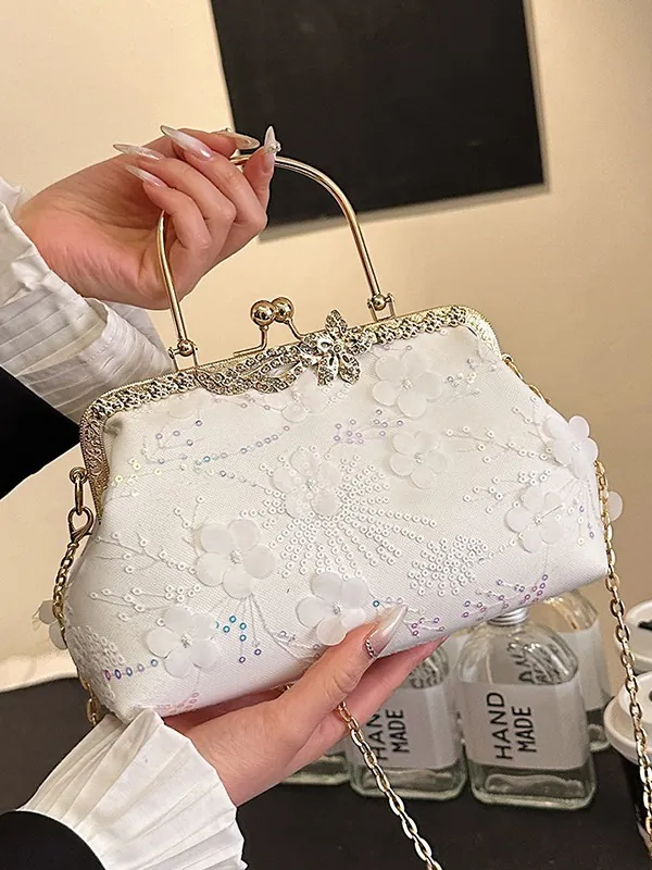 Women Evening Clutch Bag 3D Flower Lace Sequin Handbag With Metal Handle And Chain Strap For Wedding Party Prom
