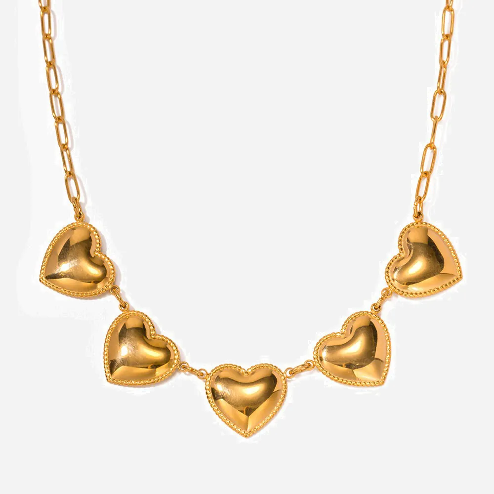 Collier Pendentif Coeur Acier Inoxydable Plaqué Or 18K Coeurs Bombés Chaîne Trombone Bijoux Élégants Minimalistes Pour Femmes
