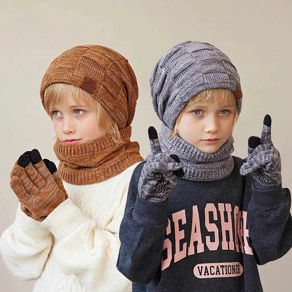 Kinder Beanie Muts Nekwarmer Touchscreen Handschoenen Winter Warm Acryl Gebreid Fleece Gevoerd Thermisch Winddicht