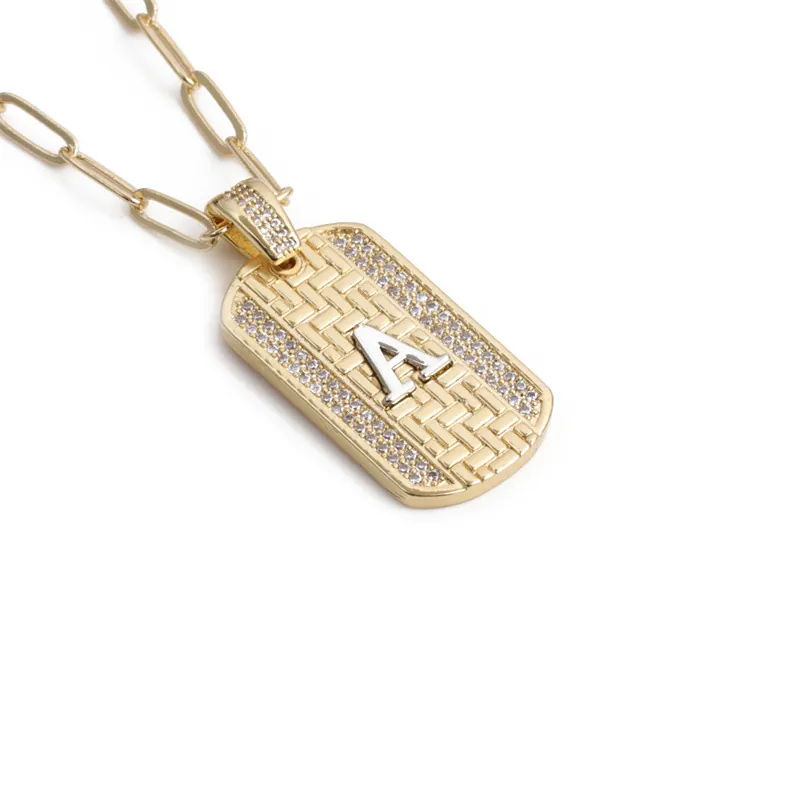 Collier Lettre Alphabet Plaqué Or Cuivre Pendentif Rectangulaire Avec Zircone Chaîne Trombone Bijoux Hip Hop Pour Femmes