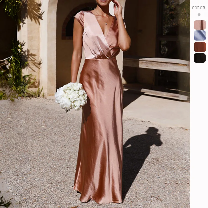 Women Satin Maxi Dress V Neck Sleeveless High Waist Solid Color Elegant Evening Party Wedding Guest Gown