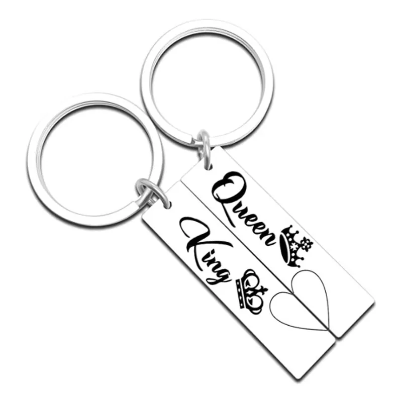King Queen Couple Keychains Stainless Steel Crown Engraved Heart Splicing Valentine's Day Christmas Gift For Lovers