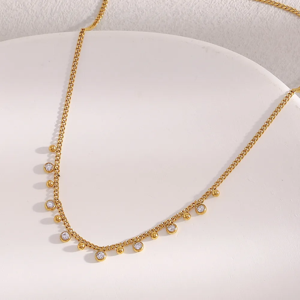 Stainless Steel Necklace 18K Gold Plated Water Drop Zircon Dainty Gold Beads Sideways Chain Jewelry For Women